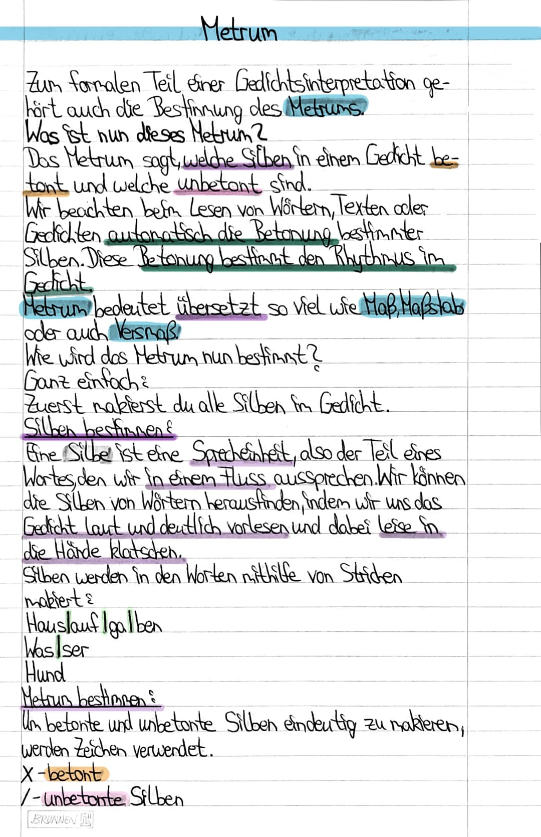 Metrum
Zum formalen Teil einer Gedichtsinterpretation ge-
hört auch die Bestimmung des Metrums.
Was ist nun dieses Metrum 2
Das Metrum sagt,