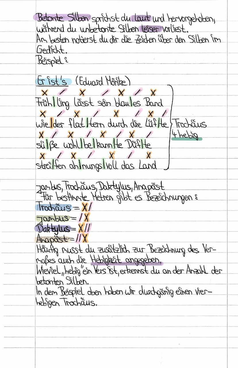 Metrum
Zum formalen Teil einer Gedichtsinterpretation ge-
hört auch die Bestimmung des Metrums.
Was ist nun dieses Metrum 2
Das Metrum sagt,