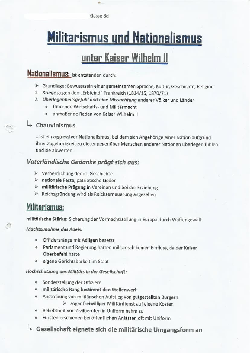 Klasse 8d
Militarismus und Nationalismus
unter Kaiser Wilhelm II
Nationalismus: ist entstanden durch:
Grundlage: Bewusstsein einer gemeinsam