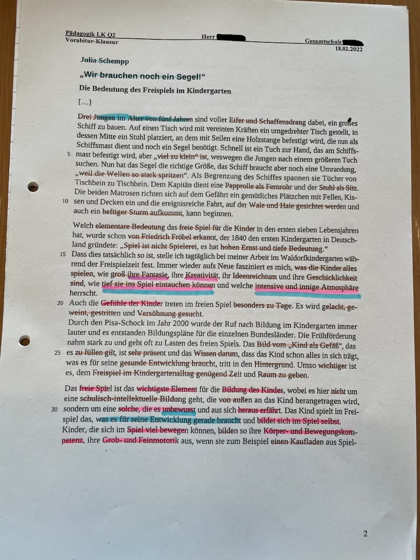 Pädagogik LK Q2
Vorabitur-Klausur
Aufgaben:
Herr
Gesamtschule
18.02.2022
1. Formulieren Sie die Hauptaussage der Autorin, stellen Sie den In