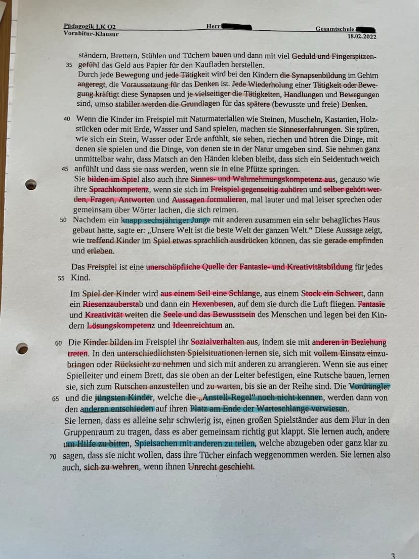 Pädagogik LK Q2
Vorabitur-Klausur
Aufgaben:
Herr
Gesamtschule
18.02.2022
1. Formulieren Sie die Hauptaussage der Autorin, stellen Sie den In