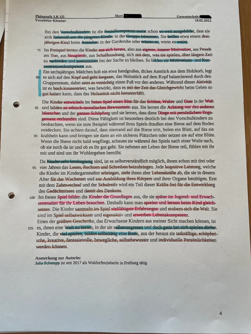 Pädagogik LK Q2
Vorabitur-Klausur
Aufgaben:
Herr
Gesamtschule
18.02.2022
1. Formulieren Sie die Hauptaussage der Autorin, stellen Sie den In