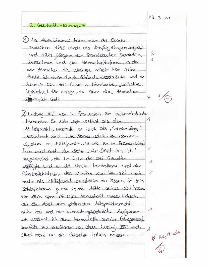Geschichte Grundkurs
Jahrgangsstufe 10
Kursarbeit 1
1. Erklären Sie den Begriff Absolutismus. (AFB II)
4.4
2. Zeigen Sie die Elemente auf, d