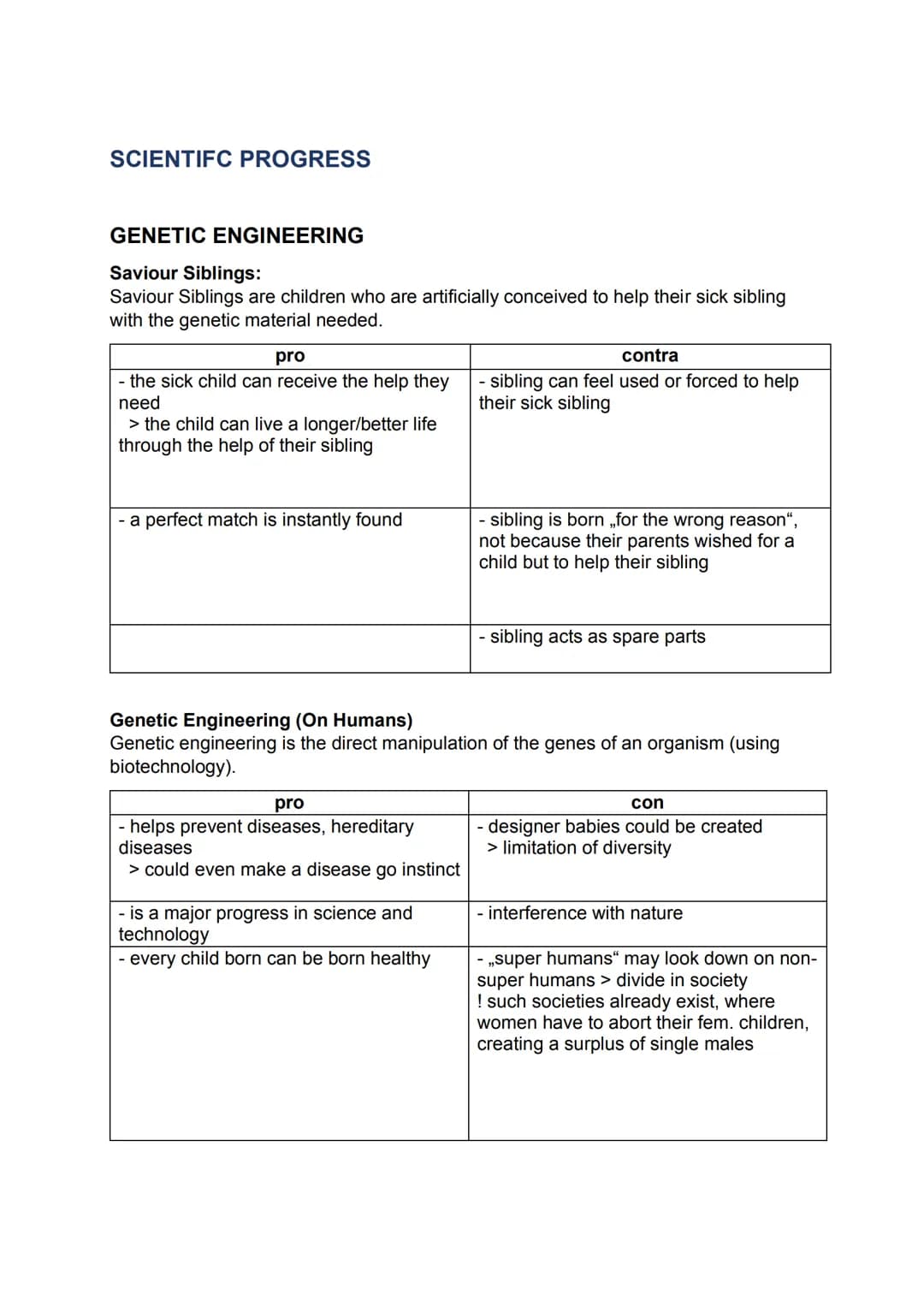 SCIENTIFC PROGRESS
GENETIC ENGINEERING
Saviour Siblings:
Saviour Siblings are children who are artificially conceived to help their sick sib