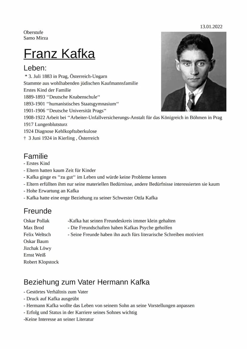 Franz Kafka
(1883-1924)
Von Samo Mirza Oberstufe
Samo Mirza
Franz Kafka
Leben:
* 3. Juli 1883 in Prag, Österreich-Ungarn
Stammte aus wohlhab