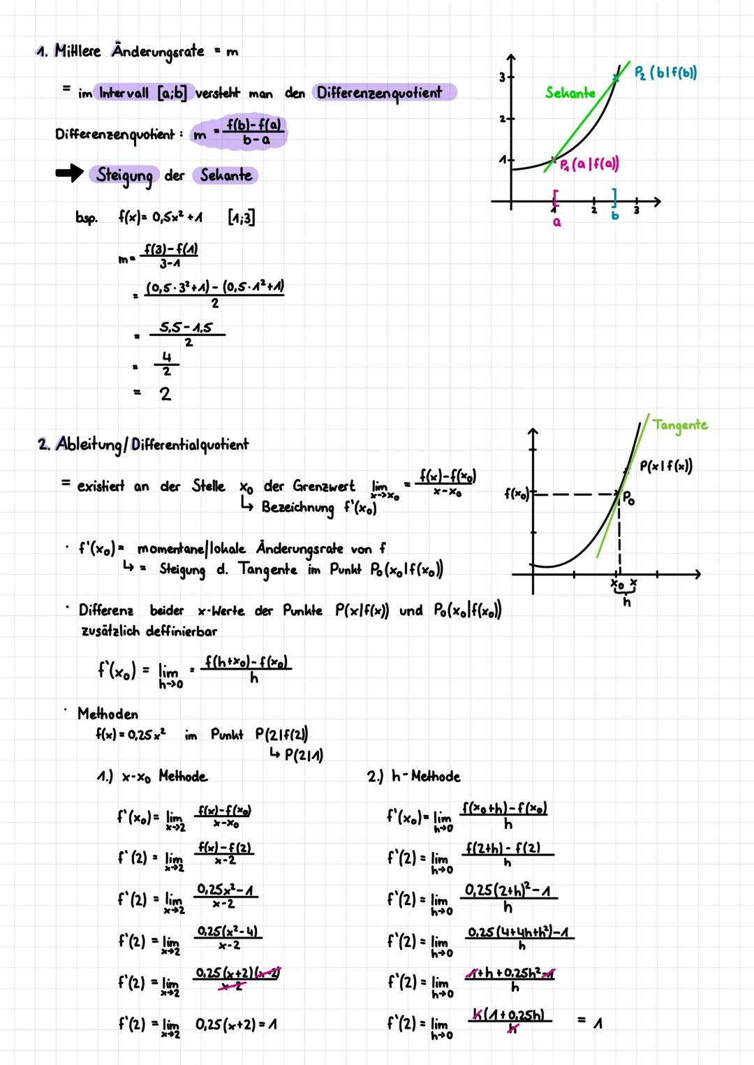 1. Millere Änderungsrate = m

= im Intervall [aib] versteht man den Differenzen quotient

Differenzenquotient: m $\frac{f(b)-f(a)}{b-a}$

St