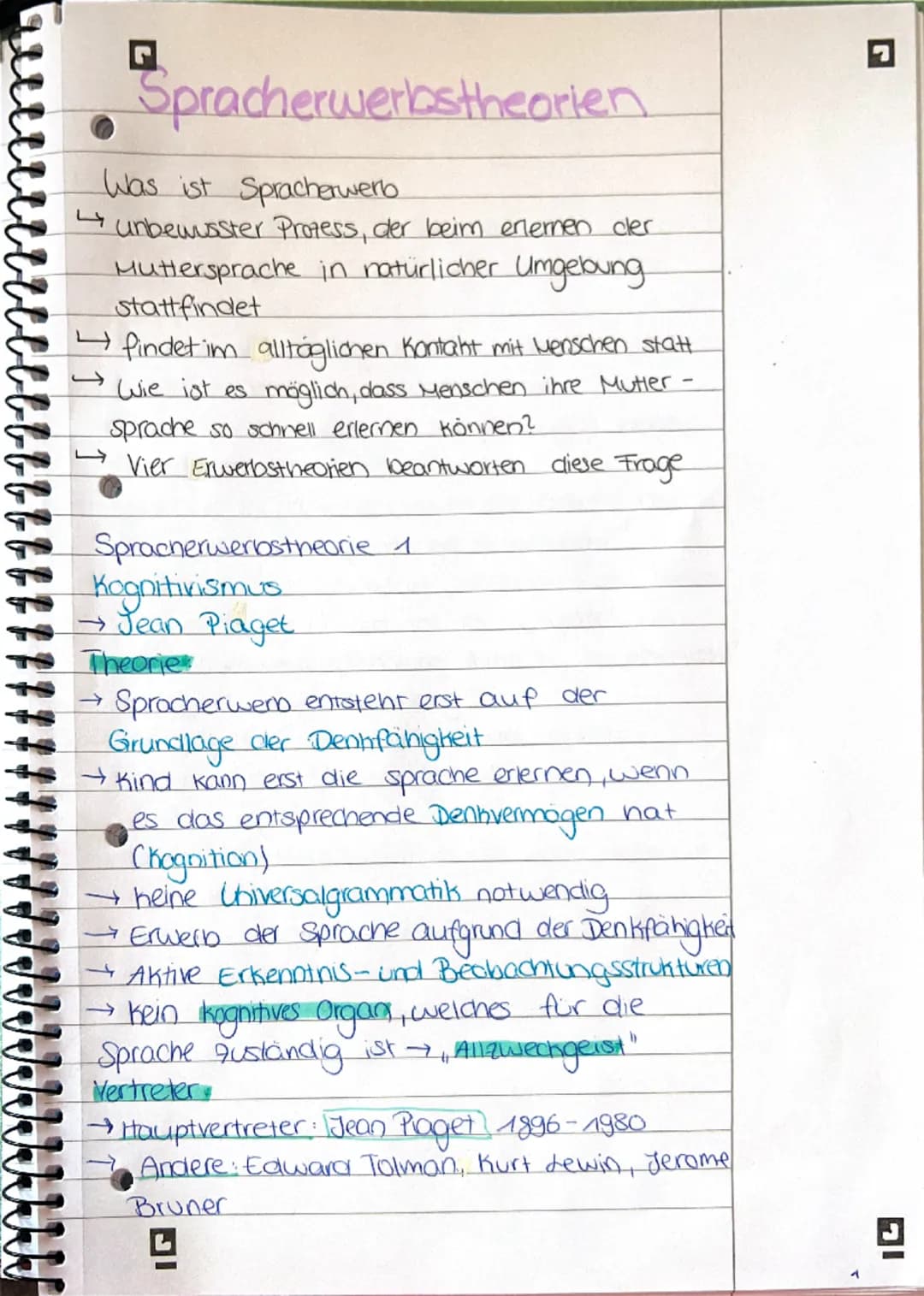 --- OCR Start ---
Spracherwerbs theorien
Was ist Spracherwero
→ unbewusster Prozess, der beim erlernen cler
Muttersprache in natürlicher Umg