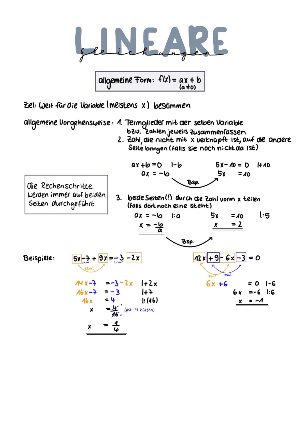 LINEARE
allgemeine Form: f(x) = ax + b
(a ‡0)
Ziel: Wert für die Variable (meistens x) bestimmen
allgemeine Vorgehensweise: 1. Termglieder m