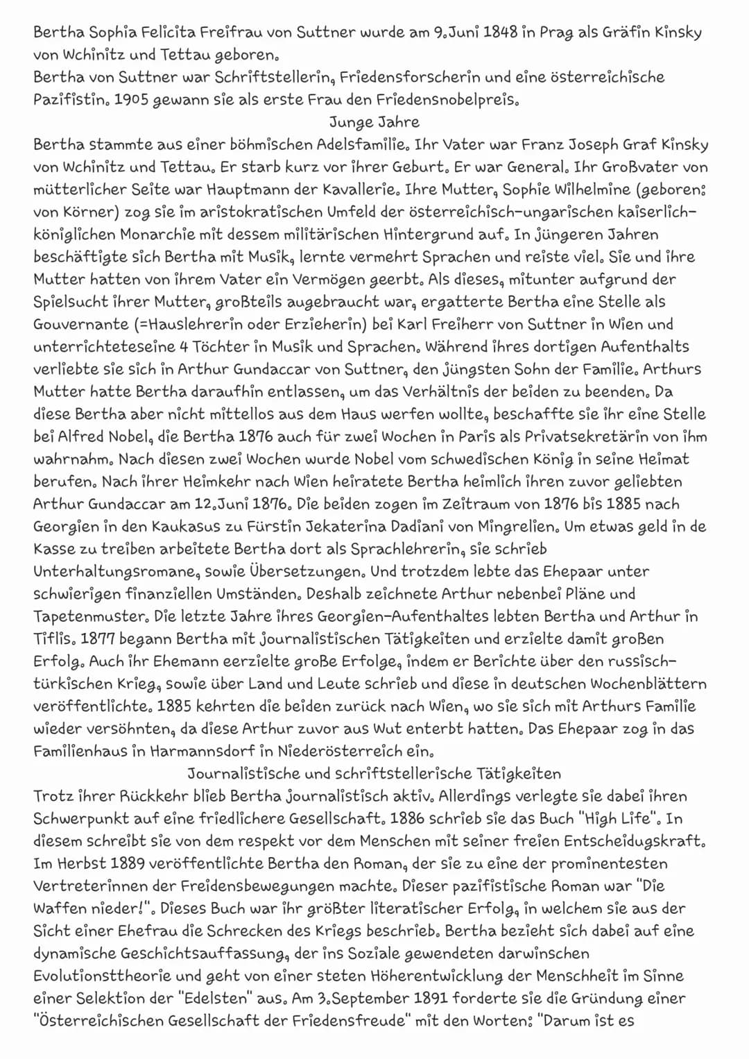 Bertha Sophia Felicita Freifrau von Suttner wurde am 9. Juni 1848 in Prag als Gräfin Kinsky
von Wchinitz und Tettau geboren.
Bertha von Sutt