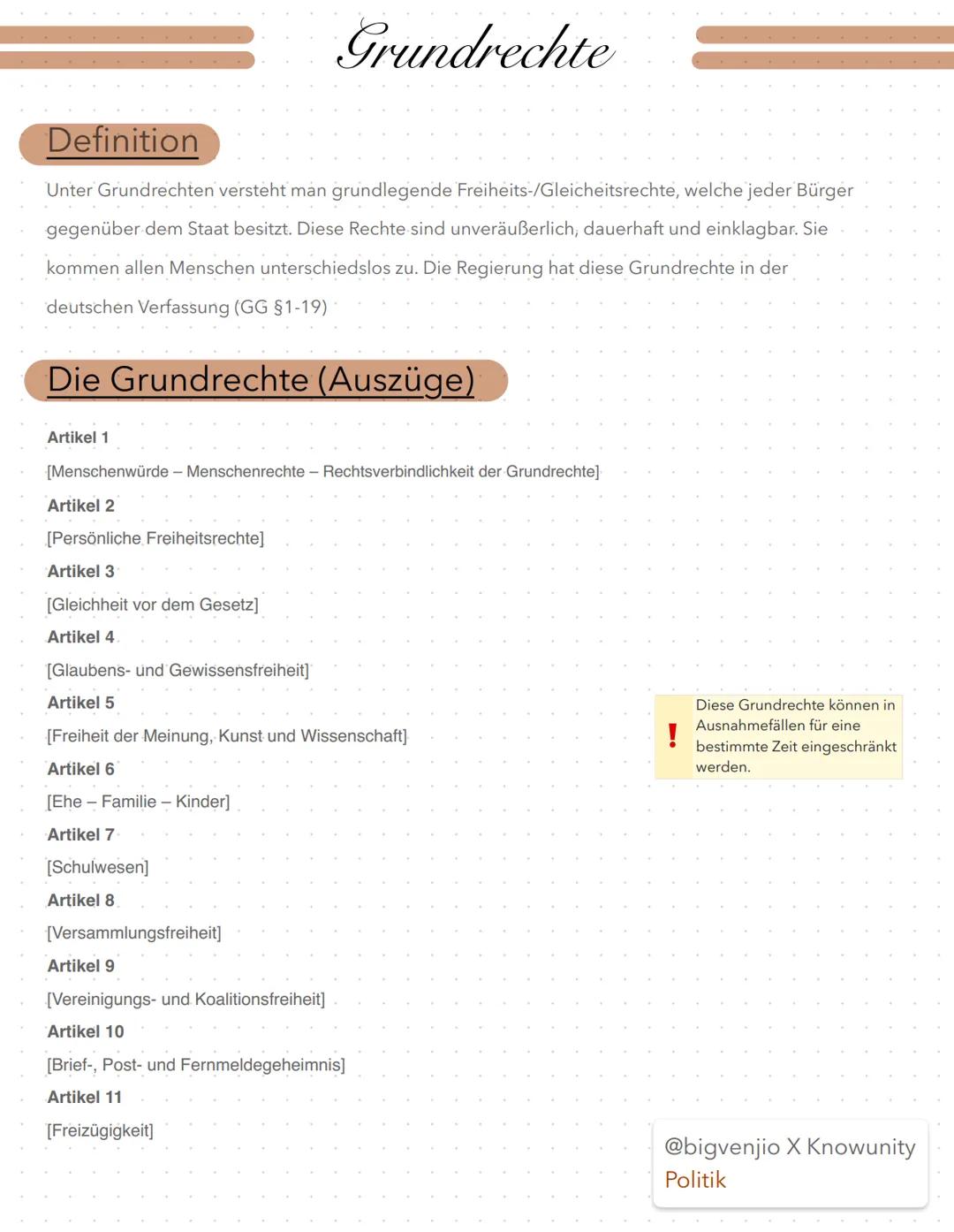 Definition
Unter Grundrechten versteht man grundlegende Freiheits-/Gleicheitsrechte, welche jeder Bürger
gegenüber dem Staat besitzt. Diese 