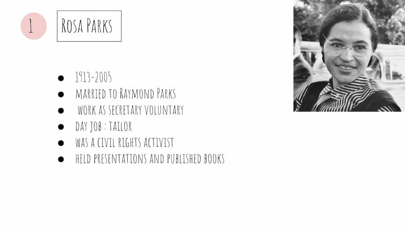 
<p>Rosa Parks is famous for her role in the Montgomery Bus Boycott. She became an icon of the Civil Rights Movement for refusing to give up