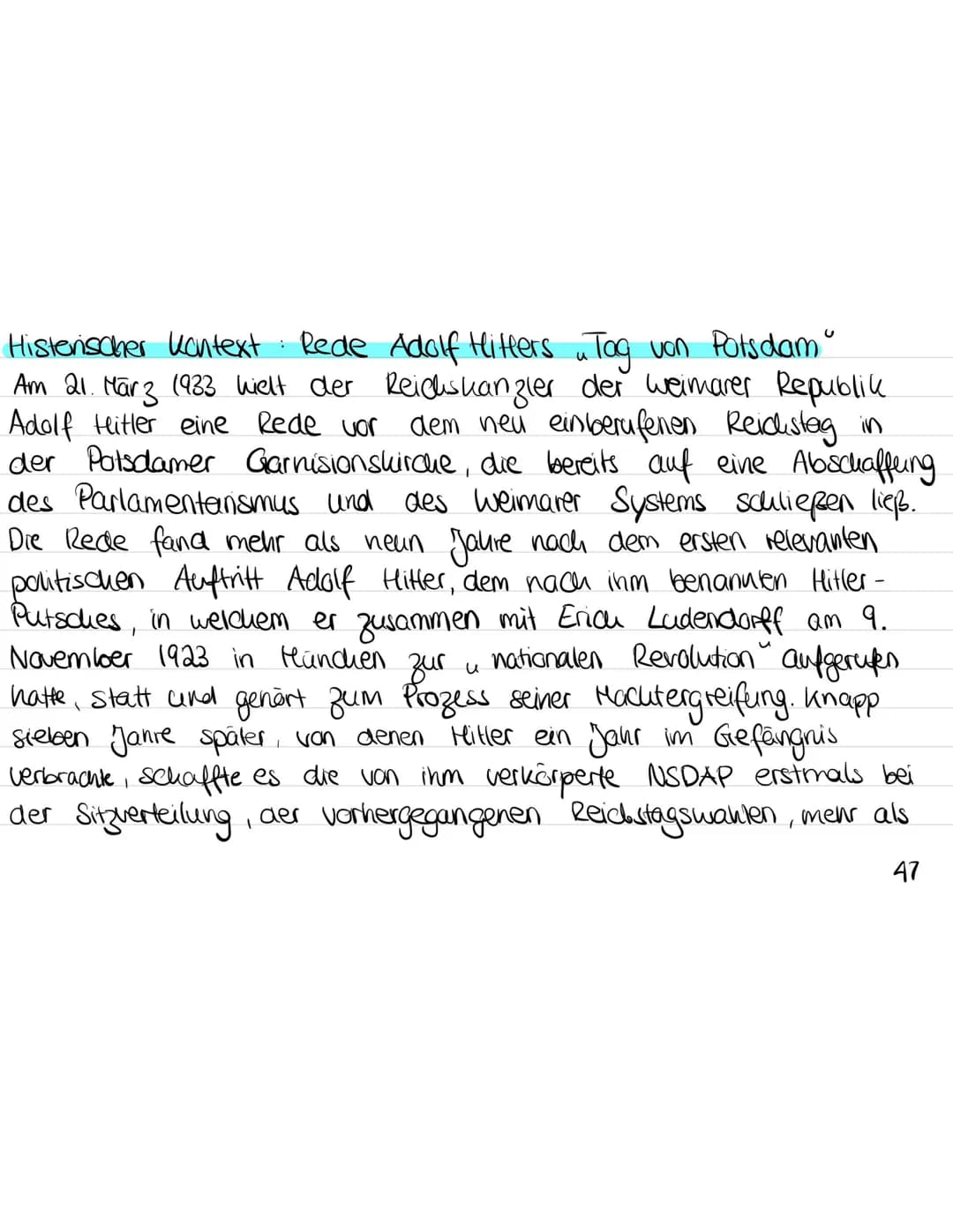 Ⓡ
u
Historischer Kontext: Rede Adolf Hitlers
Rede Adolf Hitlers ~ Tag von Potsdam
Am 21. März (933 hielt der Reichskanzler der weimarer Repu