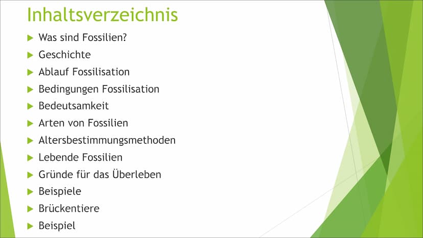 (Lebende) Fossilien und
Brückentiere
Liam Inhaltsverzeichnis
► Was sind Fossilien?
► Geschichte
► Ablauf Fossilisation
► Bedingungen Fossili