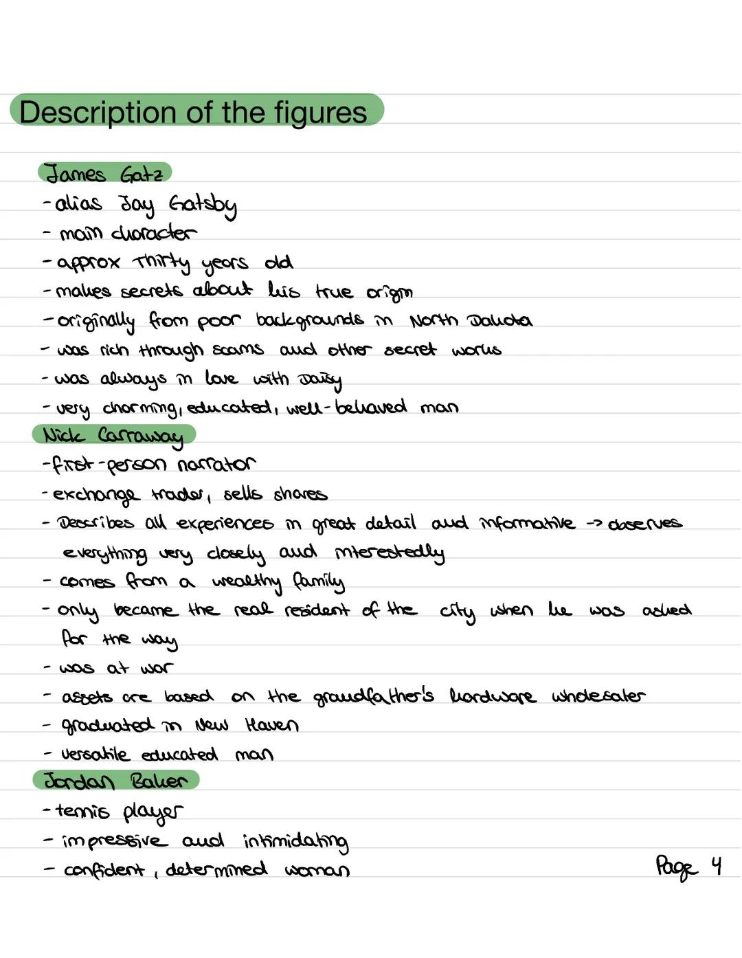Description of the figures
James Gatz
-alias Jay Gatsby
- main character
-approx Thirty years old
- makes secrets about his true origin
-ori