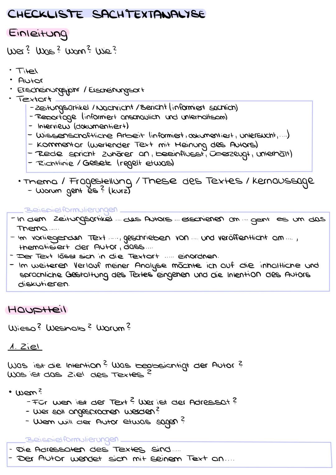 CHECKLISTE SACH TEXTANALYSE
Einleitung
wer? Was? wann? Wie?
• Titel
• Autor
Erscheinungsjahr / Erscheinungsort
Textart
-Zeitungsartikel / Na