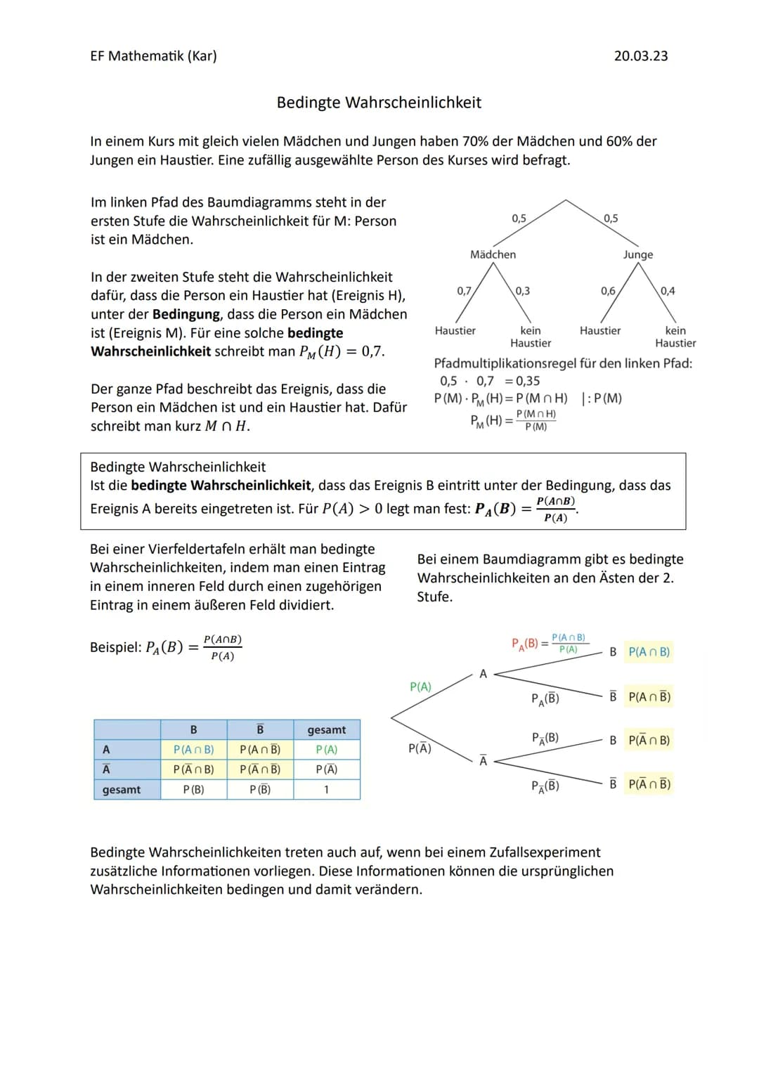 Bedingte Wahrscheinlichkeit
→ beschreibt die Wahrscheinlichkeit, dass ein Ergeignis B eintritt
unter der Bedingung, dass das Ereignis A scho