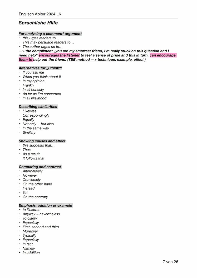Englisch Abitur 2024 LK
Englisch Abitur Lernzettel
Inhaltsverzeichnis:
- Mediation
-
Language analysis
Vocabulary
Schwerpunktthema 1:
Britai