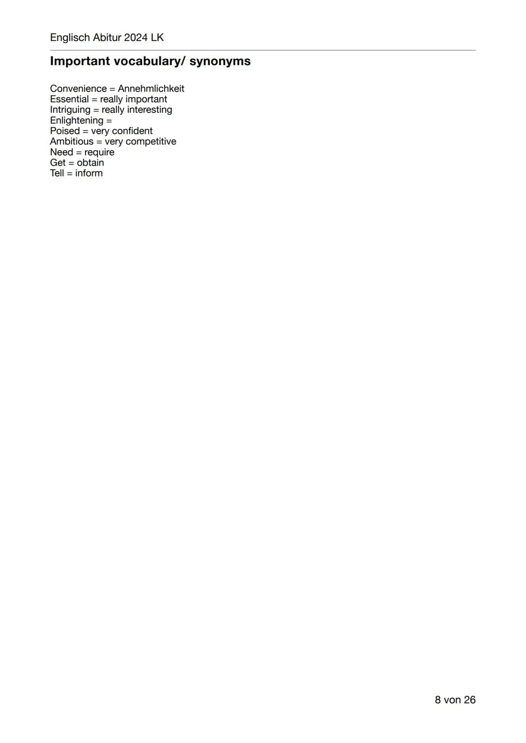 Englisch Abitur 2024 LK
Englisch Abitur Lernzettel
Inhaltsverzeichnis:
- Mediation
-
Language analysis
Vocabulary
Schwerpunktthema 1:
Britai