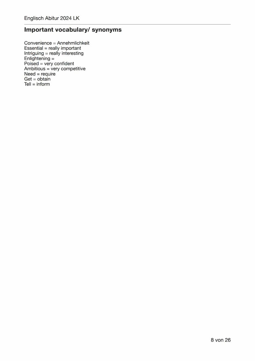 Englisch Abitur 2024 LK
Englisch Abitur Lernzettel
Inhaltsverzeichnis:
- Mediation
-
Language analysis
Vocabulary
Schwerpunktthema 1:
Britai