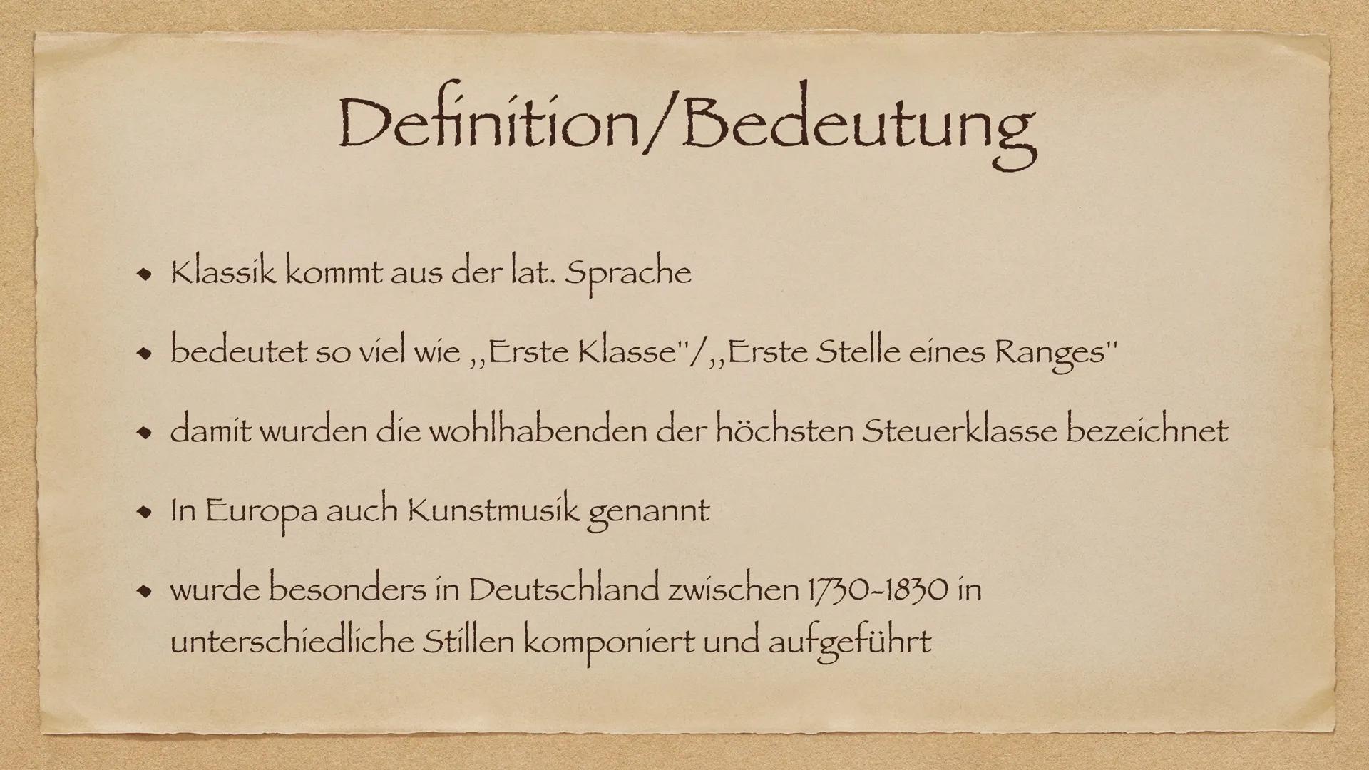 Klassik Gliederung

• Definition/Bedeutung

◆ Merkmale

• Klassik-Epochen

• Die bedeutendsten Komponisten der Klassik

• Wichtigsten Gattun