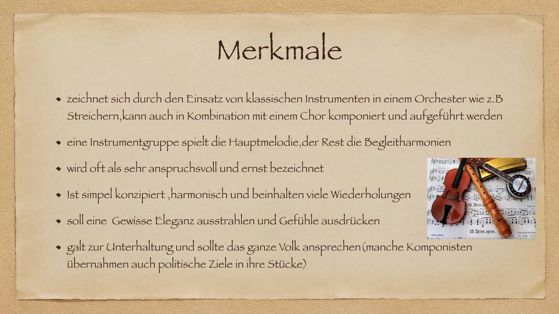 Klassik Gliederung

• Definition/Bedeutung

◆ Merkmale

• Klassik-Epochen

• Die bedeutendsten Komponisten der Klassik

• Wichtigsten Gattun