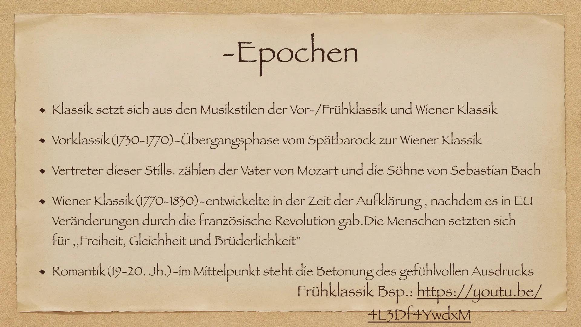 Klassik Gliederung

• Definition/Bedeutung

◆ Merkmale

• Klassik-Epochen

• Die bedeutendsten Komponisten der Klassik

• Wichtigsten Gattun