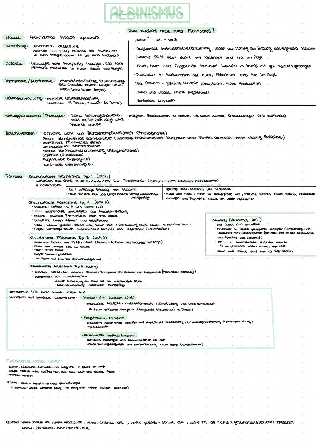 Name: Albinismus, Noach-Syndrom
vererbung. autosomal-rezzesive
Ursache
mutter und vater müssen die Mutation
in sich tragen damit es bei Kind