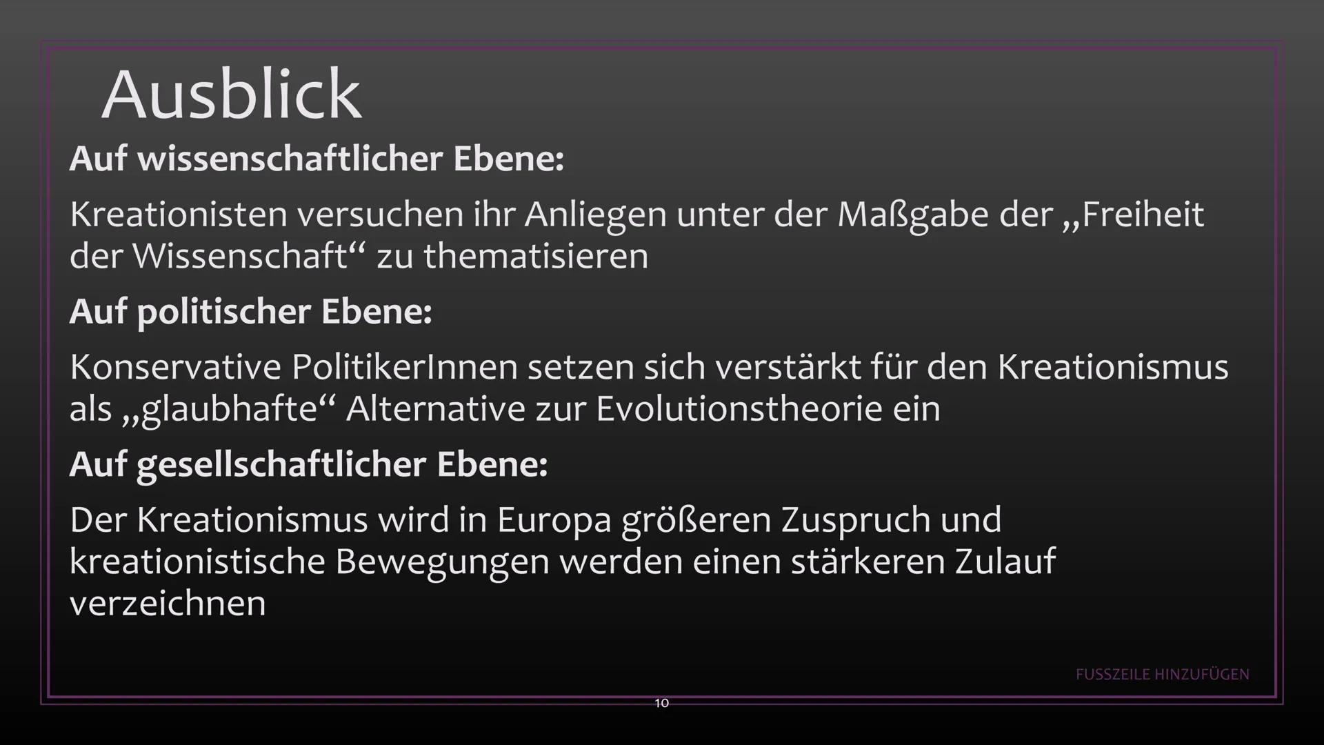 # Kreationismus

-

Schöpfung gegen Evolution Gliederung:

(1) Was ist Kreationismus?
(2) Entstehung - Gegen Darwins Theorie
(3) Richtungen 