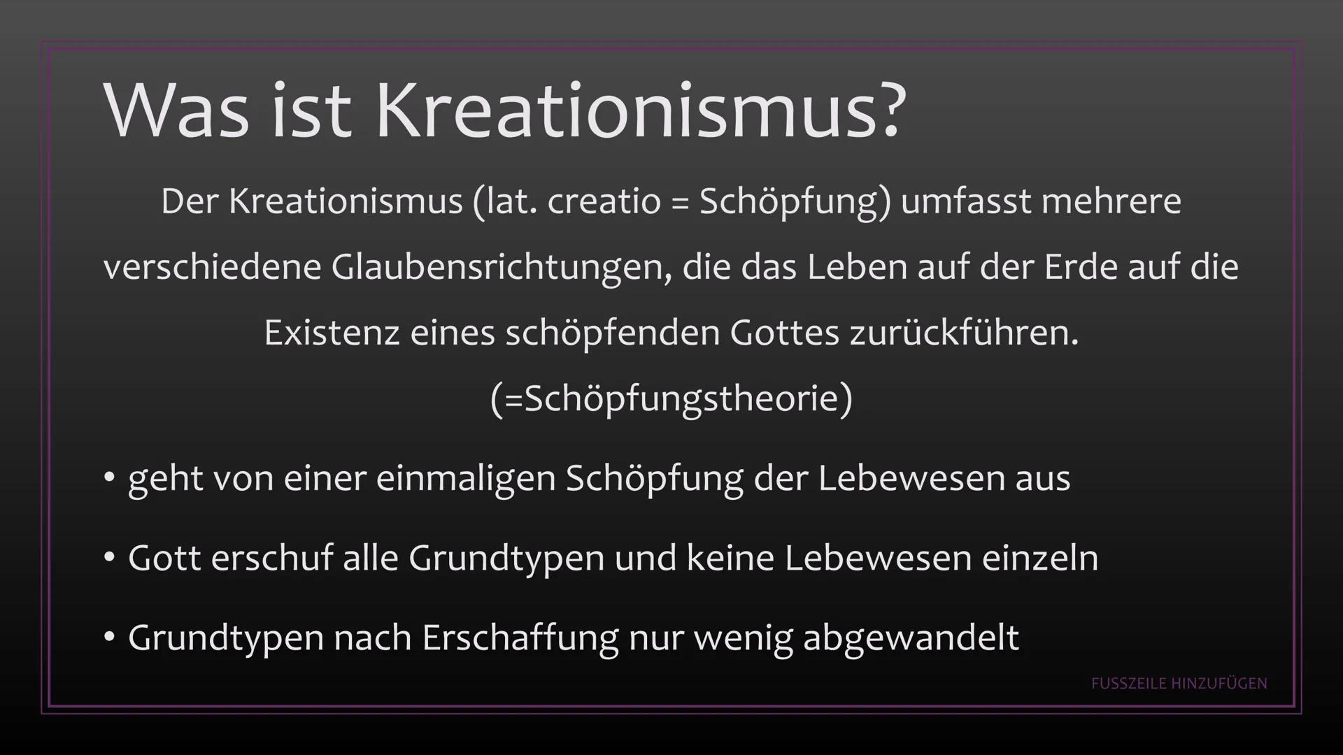 # Kreationismus

-

Schöpfung gegen Evolution Gliederung:

(1) Was ist Kreationismus?
(2) Entstehung - Gegen Darwins Theorie
(3) Richtungen 