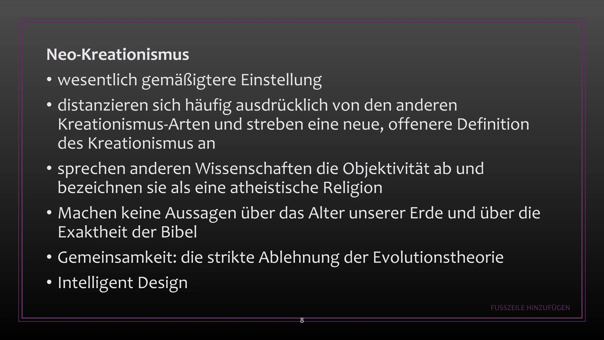 # Kreationismus

-

Schöpfung gegen Evolution Gliederung:

(1) Was ist Kreationismus?
(2) Entstehung - Gegen Darwins Theorie
(3) Richtungen 