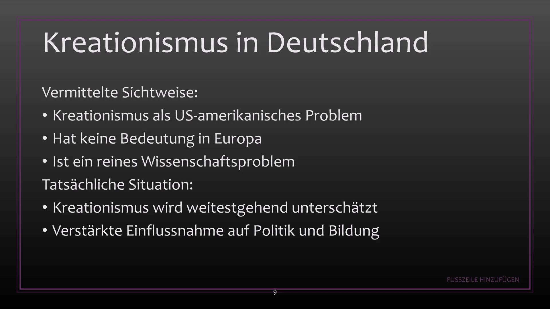 # Kreationismus

-

Schöpfung gegen Evolution Gliederung:

(1) Was ist Kreationismus?
(2) Entstehung - Gegen Darwins Theorie
(3) Richtungen 