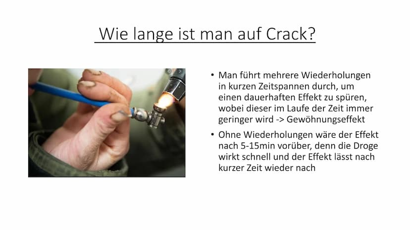 Crack
Eine der schädlichsten Drogen der Welt Inhalt
1. Was ist Crack?
2. Wie konsumiert man Crack?
-> Wie lange ist man auf Crack?
3. Warum 