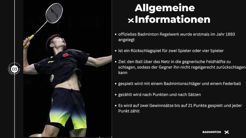 BADMINTON
EINZELN
dreamstime
01 ●
allgemeine Informationen
Badmintonfeld
Regeln
Inhaltsverzeichnis
Aufschlagvarianten
Clear
Drop
Smash
02 03