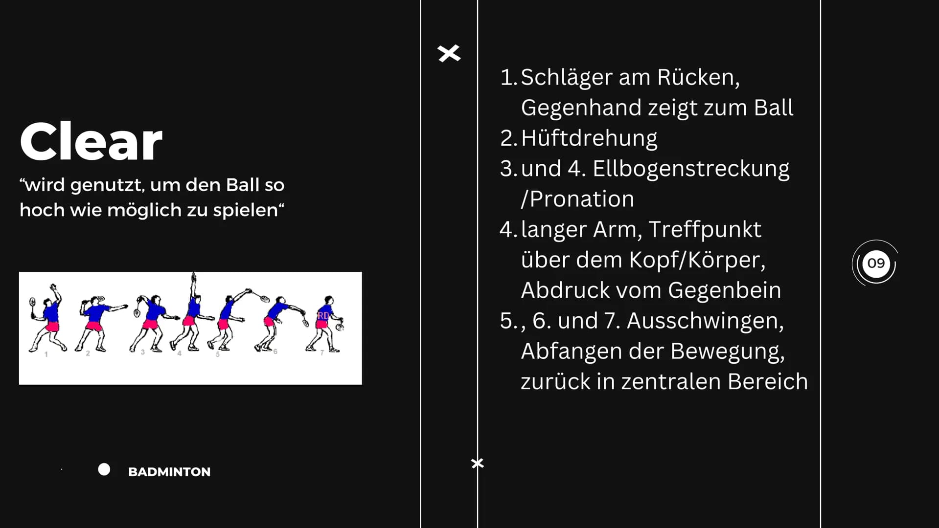 BADMINTON
EINZELN
dreamstime
01 ●
allgemeine Informationen
Badmintonfeld
Regeln
Inhaltsverzeichnis
Aufschlagvarianten
Clear
Drop
Smash
02 03