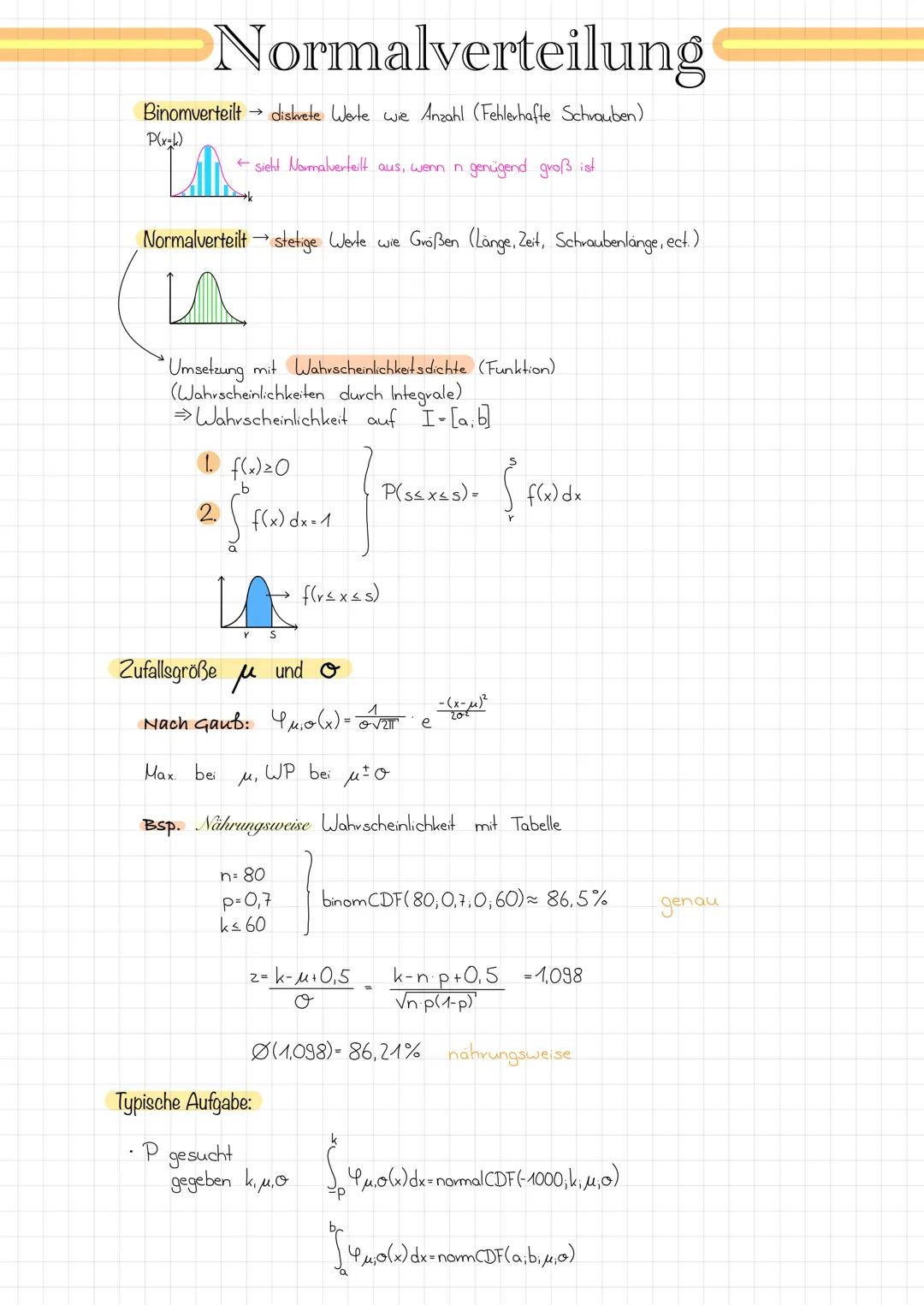 # Normalverteilung

Binomverteilt diskrete Werte wie Anzahl (Fehlerhafte Schrauben)
P(x)
← sieht Normalverteilt aus, wenn n genügend groß is