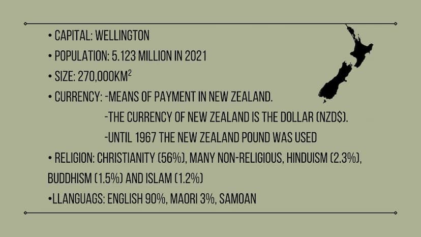 NEW ZEALAND 1 GENERAL INFORMATION
FLAG, CAPITAL, POPULATION, SIZE, LANGUAGE, CURRENCY, RELIGION...
TOPICS
2 HISTORY
3 PRO AND CONS ABOUT LIV