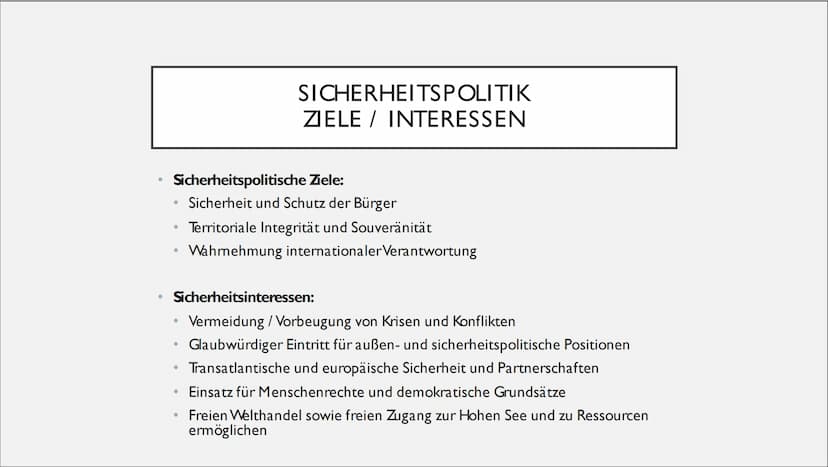 DEM DEUTSCHEN VOLK
DEUTSCHE AUSSEN- UND
SICHERHEITSPOLITIK 1. Außenpolitik
Definition
●
●
●
●
●
●
2. Sicherheitspolitik
Definition
Ziele / I