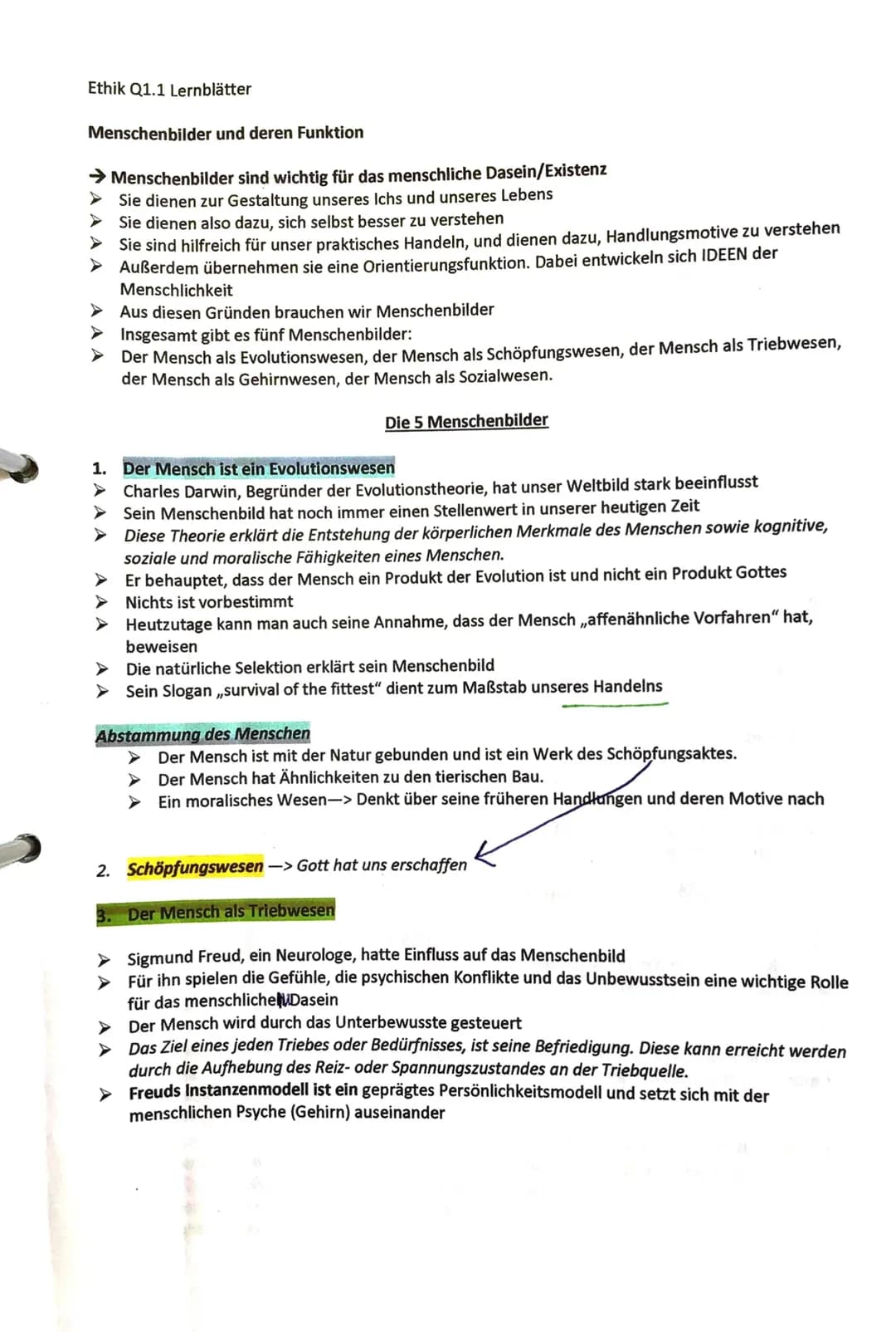 Ethik Q1.1 Lernblätter
Menschenbilder und deren Funktion
→ Menschenbilder sind wichtig für das menschliche Dasein/Existenz
➤ Sie dienen zur 