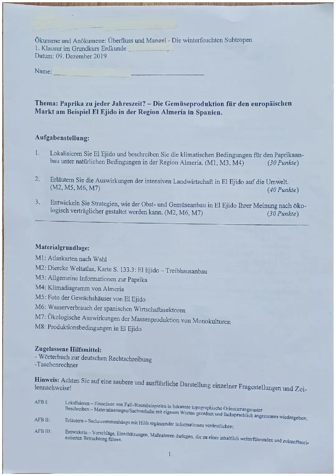 Erdkunde Klausur 10. Klasse EF 
