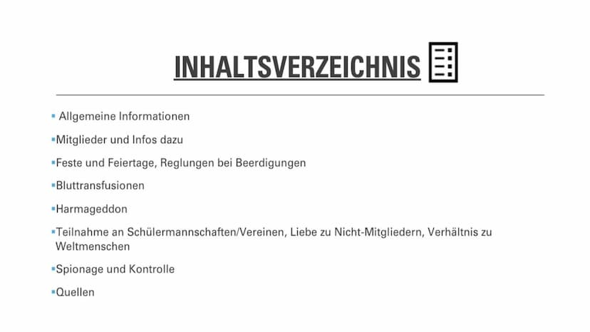 Wer sind die Zeugen Jehovas? INHALTSVERZEICHNIS
Allgemeine Informationen
-Mitglieder und Infos dazu
•Feste und Feiertage, Reglungen bei Beer