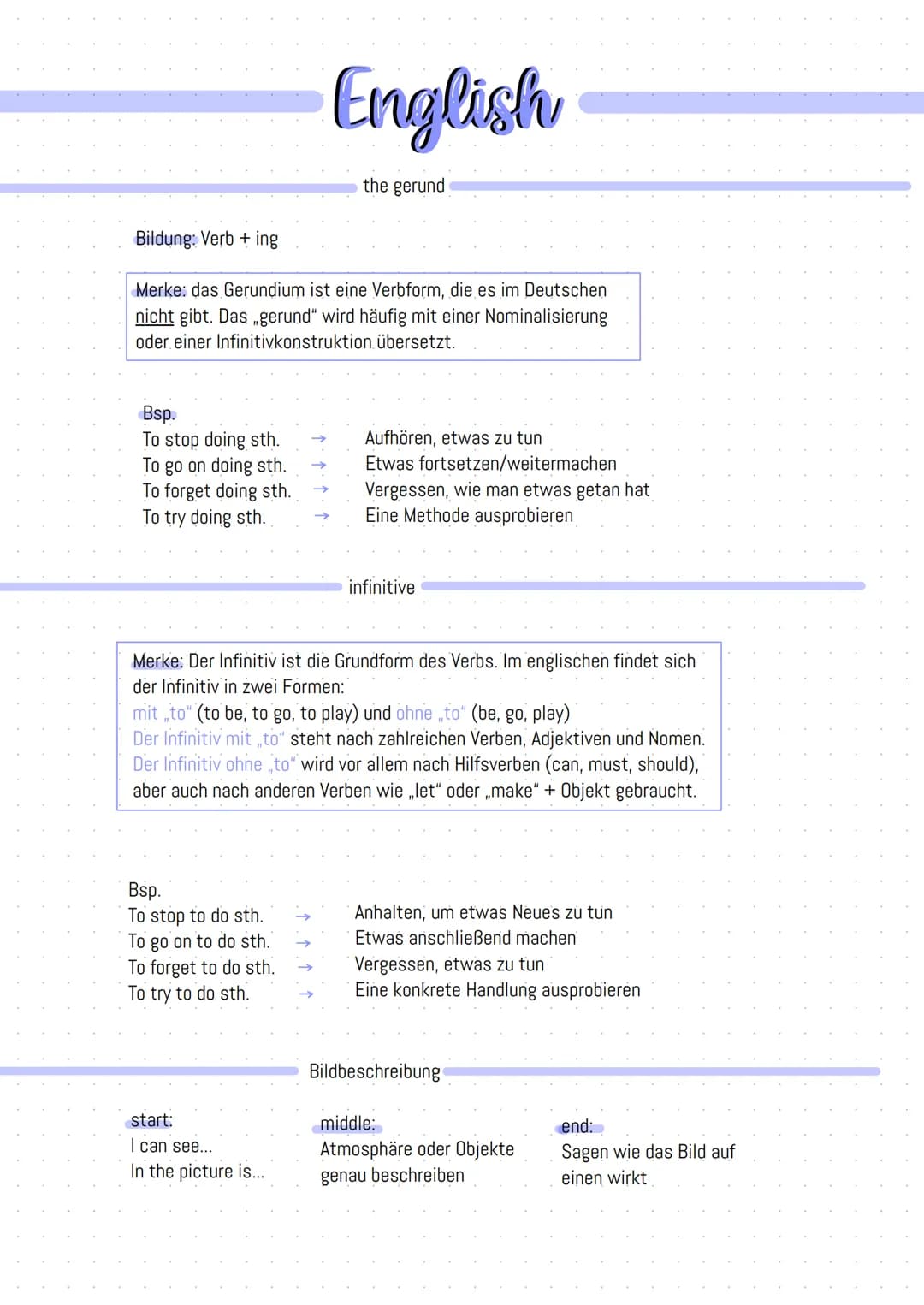 Bildung: Verb + ing
Merke: das Gerundium ist eine Verbform, die es im Deutschen
nicht gibt. Das „gerund" wird häufig mit einer Nominalisieru