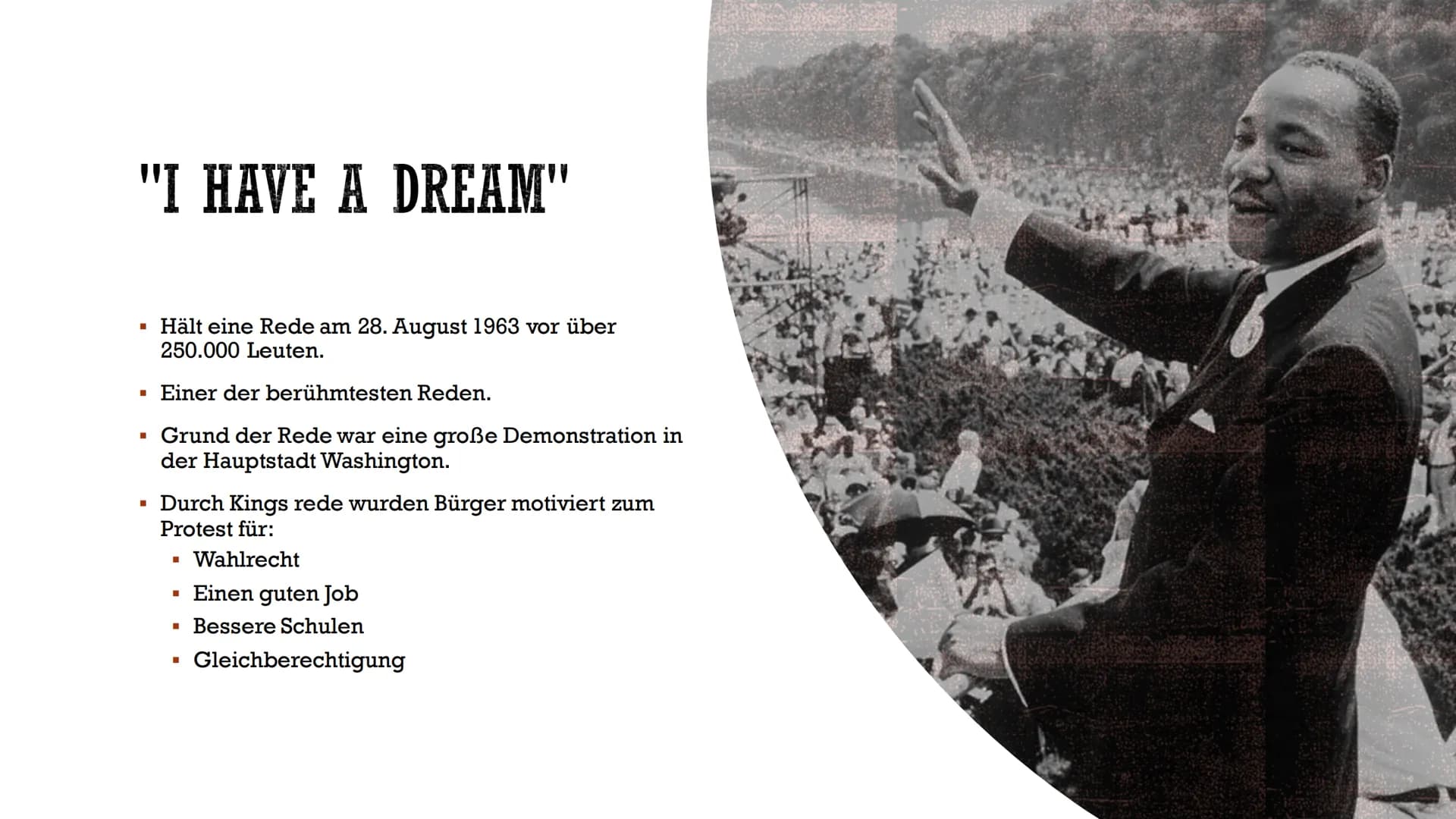 MARTIN LUTHER KING
Marie & Andreas INHALTSVERZEICHNIS
▪ Steckbrief
Grundlage der Zeit/ Rassentrennung
▪ Einflüsse
▪ Kampf gegen Rasentrennun