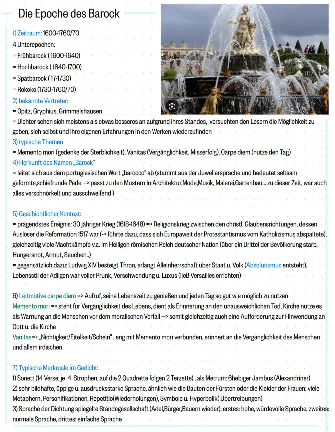 Die Epoche des Barock
1) Zeitraum: 1600-1760/70
4 Unterepochen:
= Frühbarock (1600-1640)
= Hochbarock (1640-1700)
= Spätbarock (17-1730)
= R