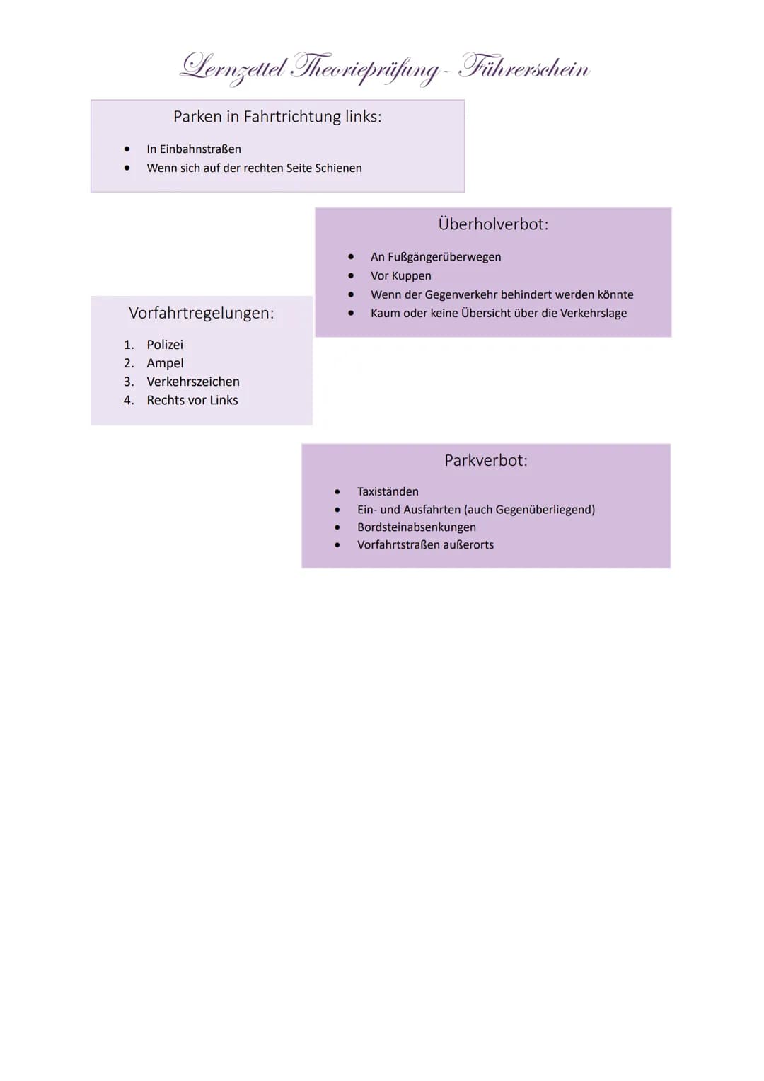 ●
●
●
●
Lernzettel Theorieprüfung-Führerschein
●
Formeln:
Bremsweg: (km/h:10) x (km/h:10)= Bremsweg in Metern
Gefahrenbremsung: (km/h :10) x
