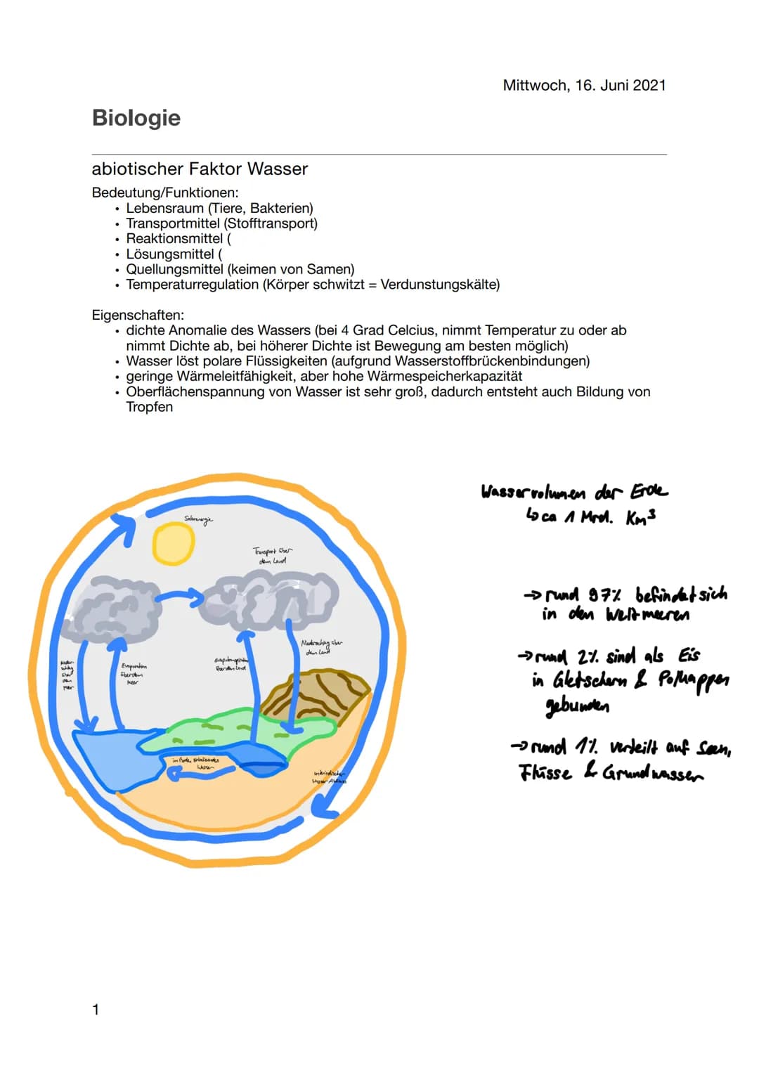 Biologie
abiotischer Faktor Wasser
Lebensraum (Tiere, Bakterien)
• Transportmittel (Stofftransport)
Reaktionsmittel (
Bedeutung/Funktionen:
