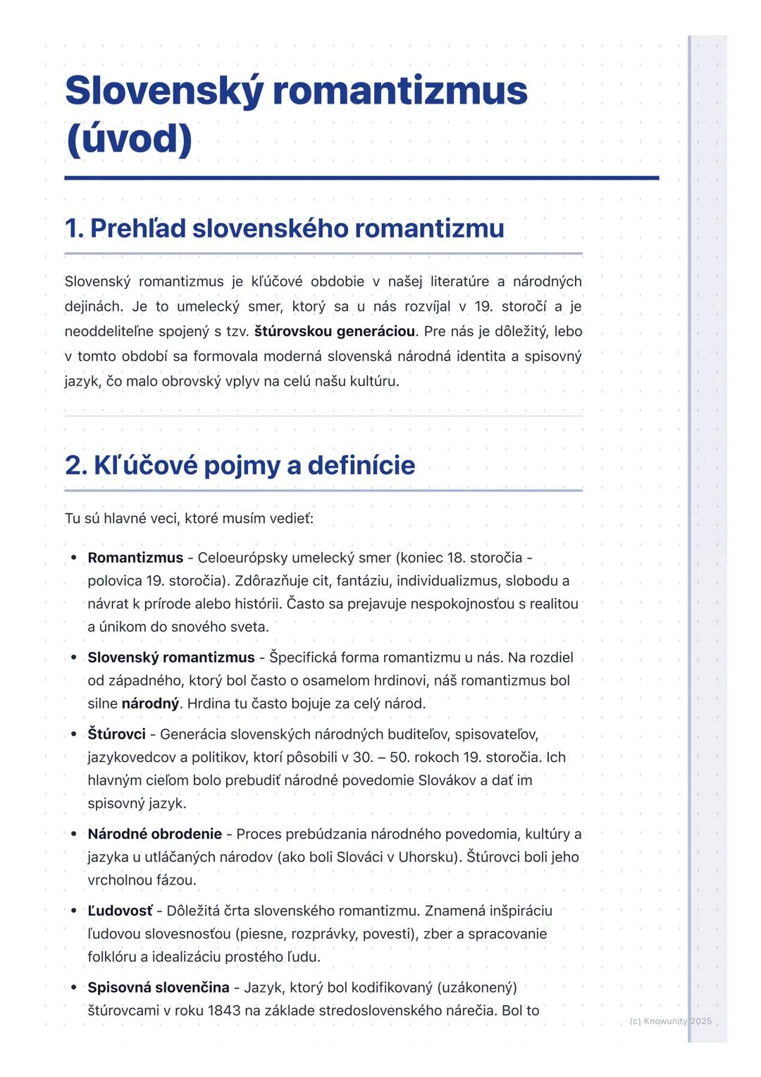 # Slovenský romantizmus
(úvod)

1. Prehľad slovenského romantizmu

Slovenský romantizmus je kľúčové obdobie v našej literatúre a národných
d