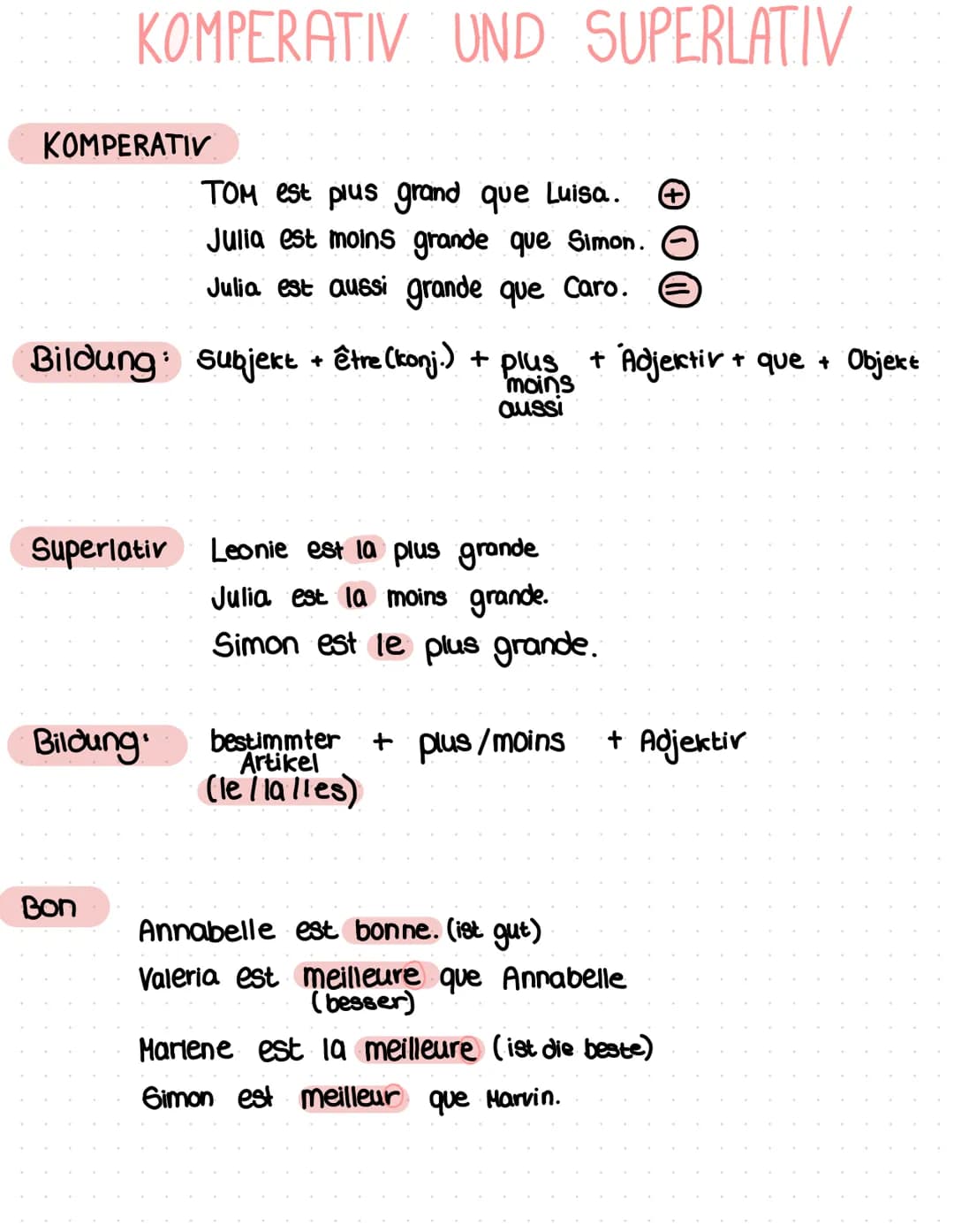 KOMPERATIV UND SUPERLATIV
KOMPERATIV
Bildung: Subjekt + être (konj.) + plus + Adjektiv + que + Objekt
moins
bussi
TOM est plus grand que Lui