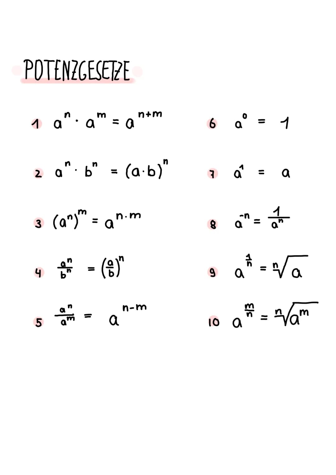 POTENZGESETZE
1 an.am
n
n
z a^. 6"
b"
2
5
= a
11
3 (an) m = an.m
4 2 ² ² = (8) h
n+m
= (a.b)"
a
n-m
6 a° = 1
7a² = a
8 Q² = 11/1²
9 a ²₁² = 
