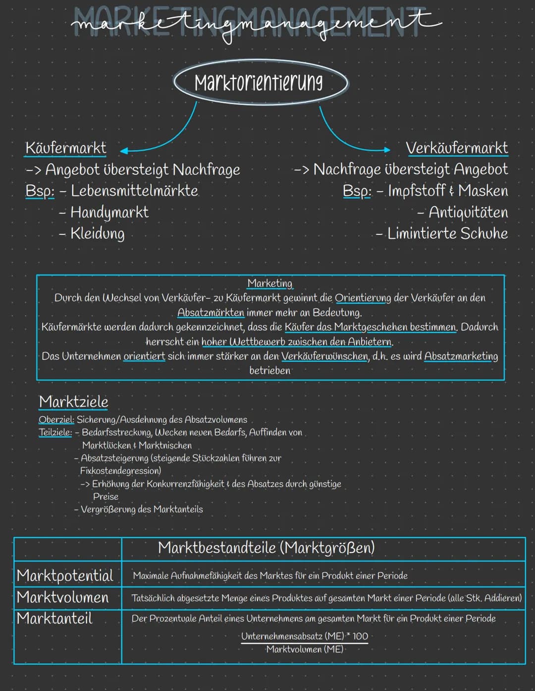 marketingmanagement
Marktorientierung
Käufermarkt
-> Angebot übersteigt Nachfrage
Bsp: - Lebensmittelmärkte
- Handymarkt
- Kleidung
Verkäufe