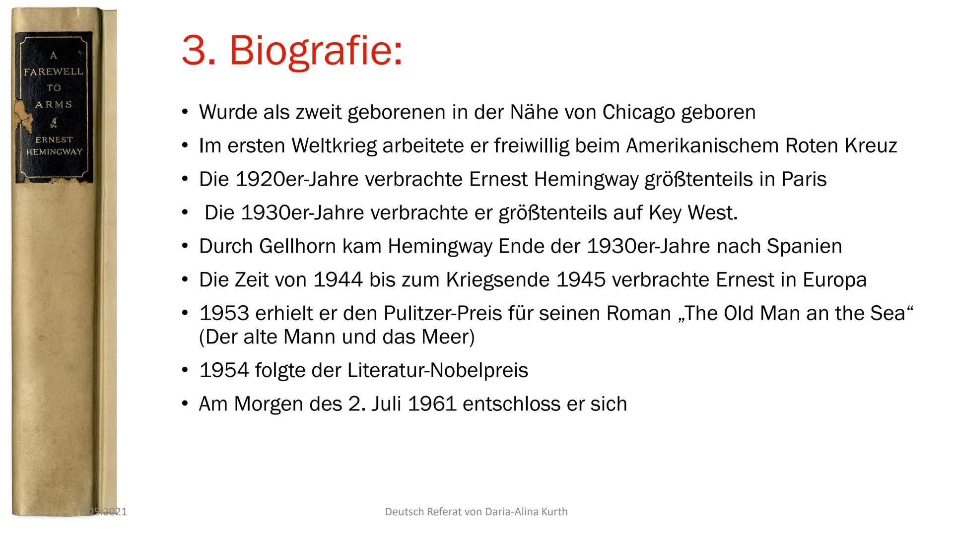 Ernest
Hemingway
- Seine Werke
Deutsch Referat von Daria-Alina Kurth Inhalt:
1. Allgemeine Informationen
2. Familie
3. Biografie
4. Seine We